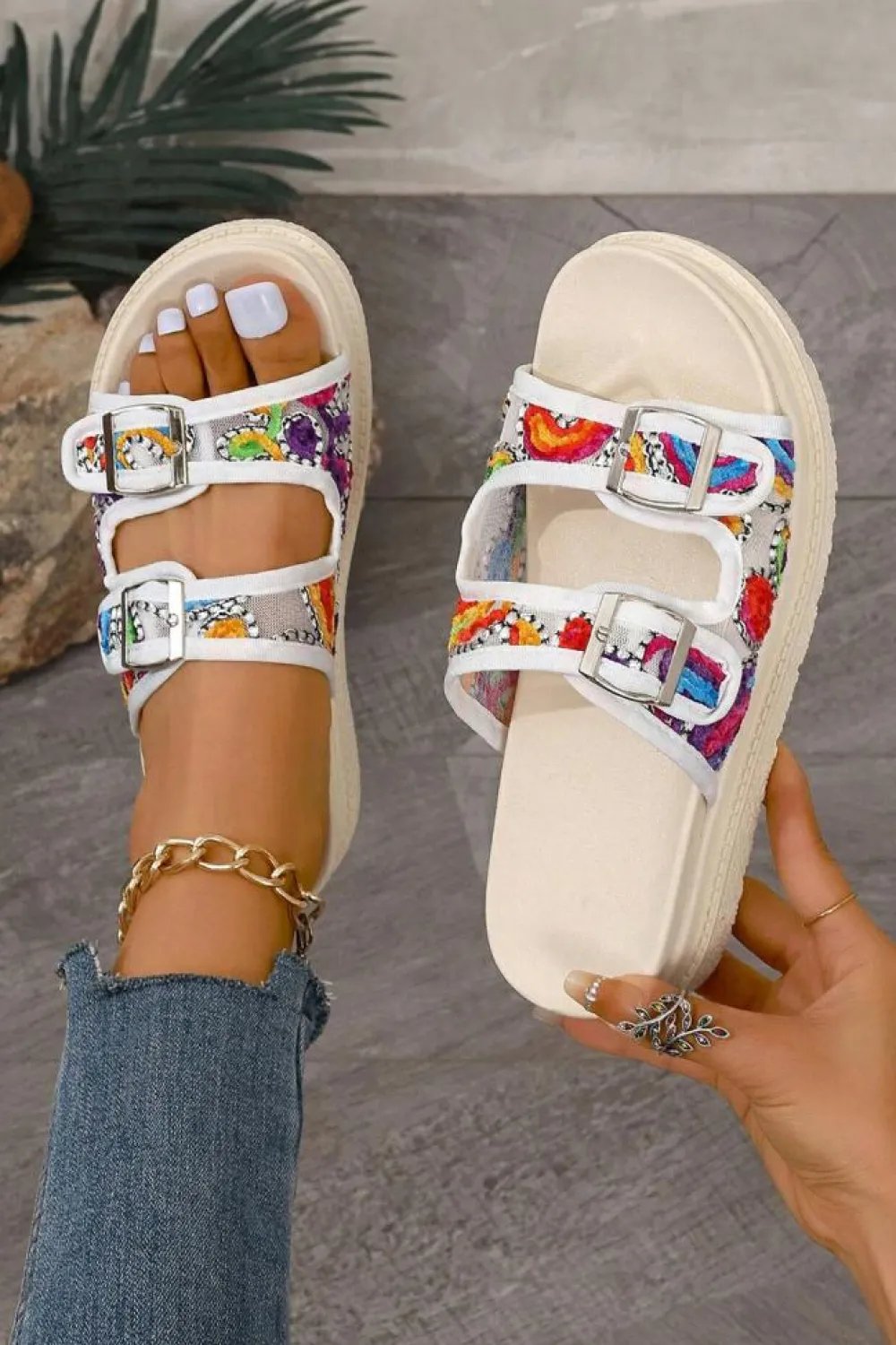 Outlet Dear-Lover Crochet Cut Out Buckle Strap Thick Sole Slippers White