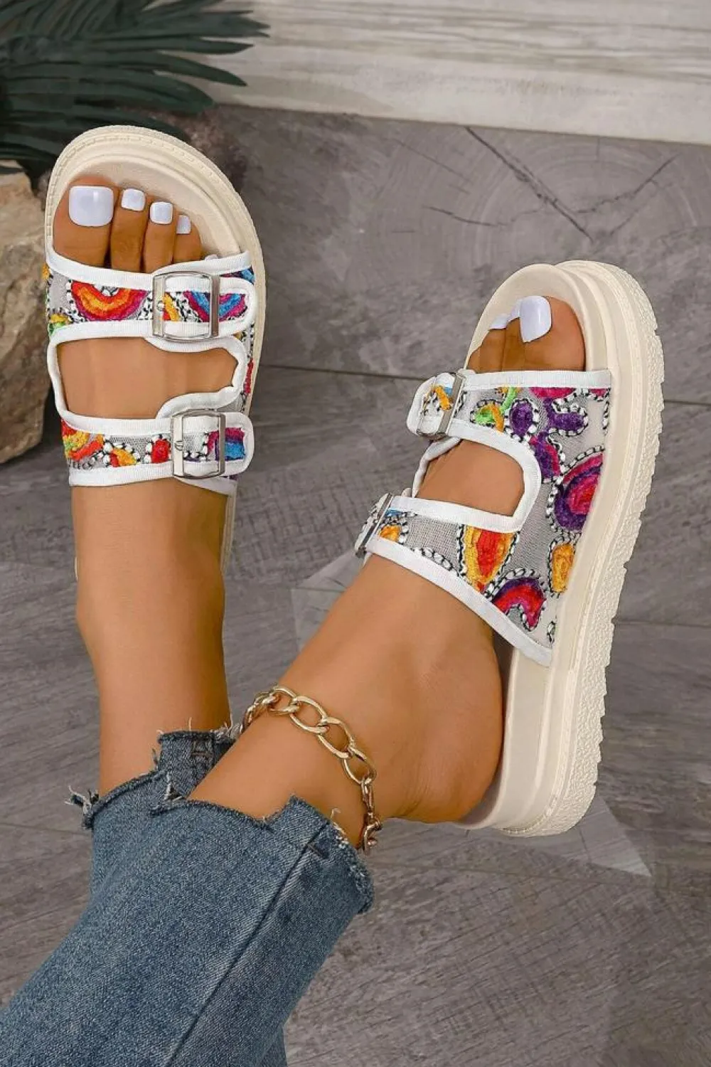 Outlet Dear-Lover Crochet Cut Out Buckle Strap Thick Sole Slippers White