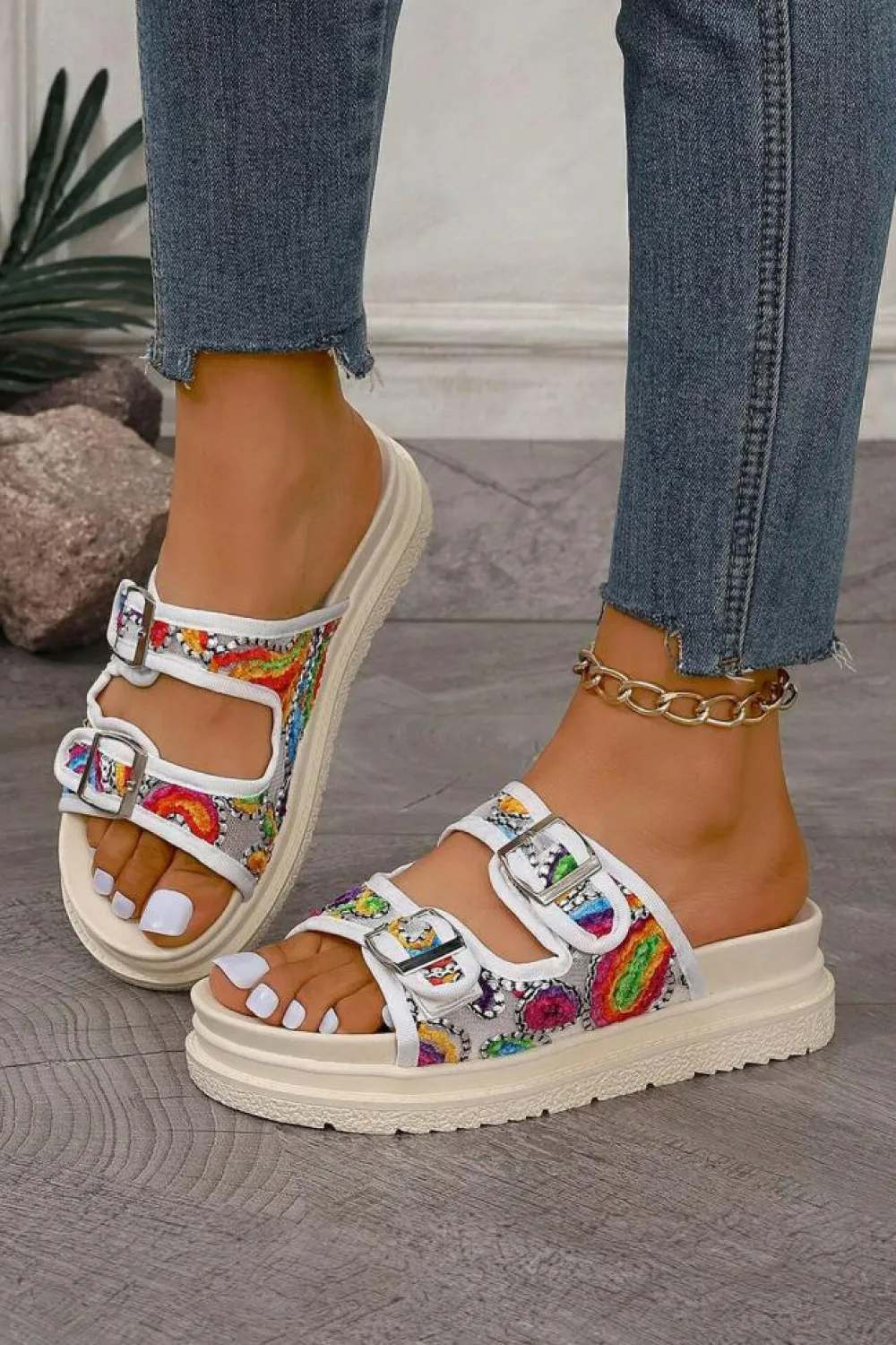 Outlet Dear-Lover Crochet Cut Out Buckle Strap Thick Sole Slippers White
