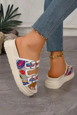 Outlet Dear-Lover Crochet Cut Out Buckle Strap Thick Sole Slippers White