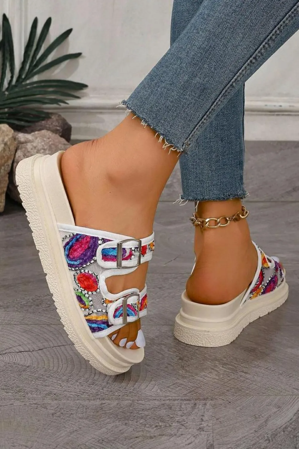 Outlet Dear-Lover Crochet Cut Out Buckle Strap Thick Sole Slippers White