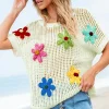 Clearance Dear-Lover Crochet Flower Hollow-out Sweater T Shirt White