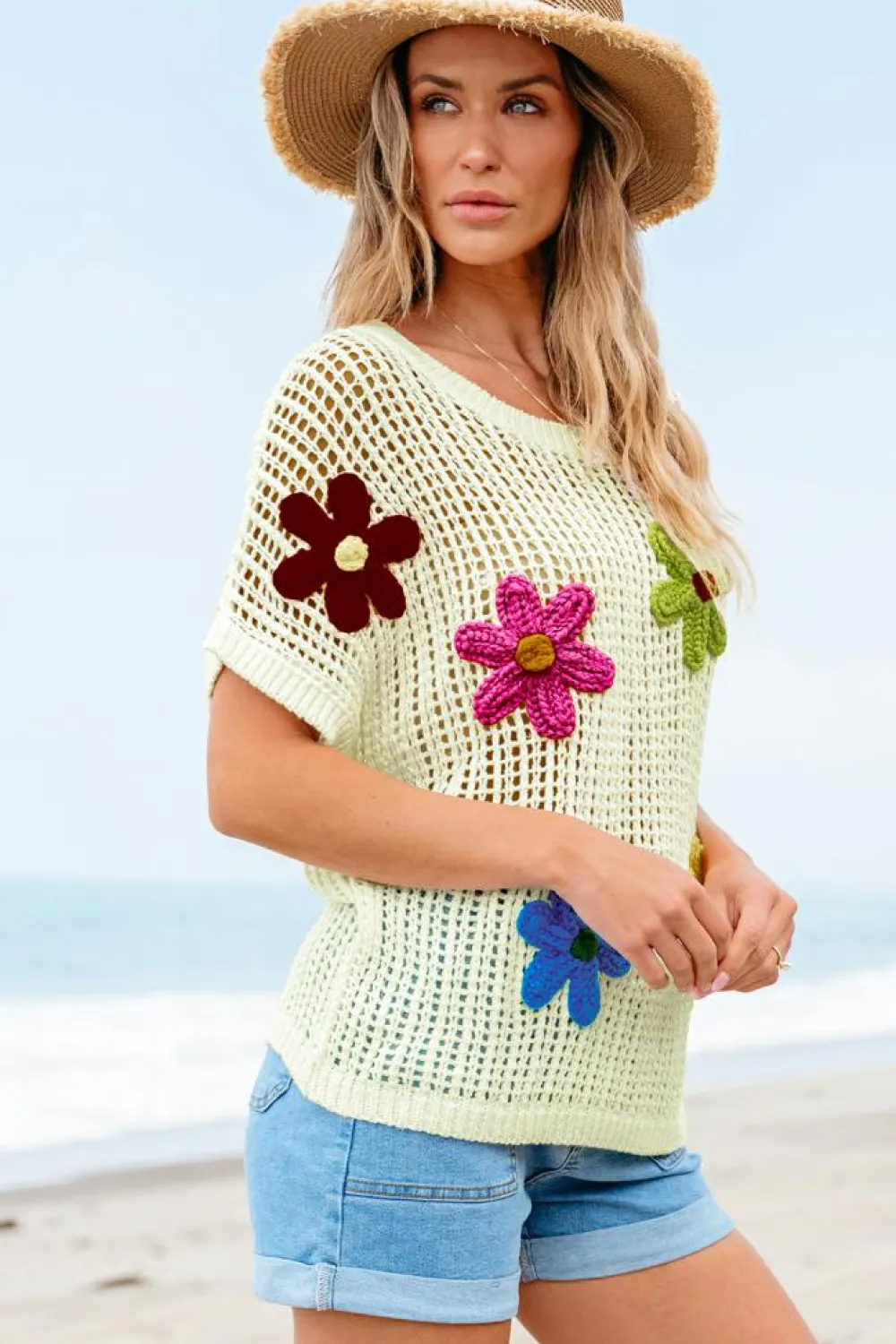 Clearance Dear-Lover Crochet Flower Hollow-out Sweater T Shirt White
