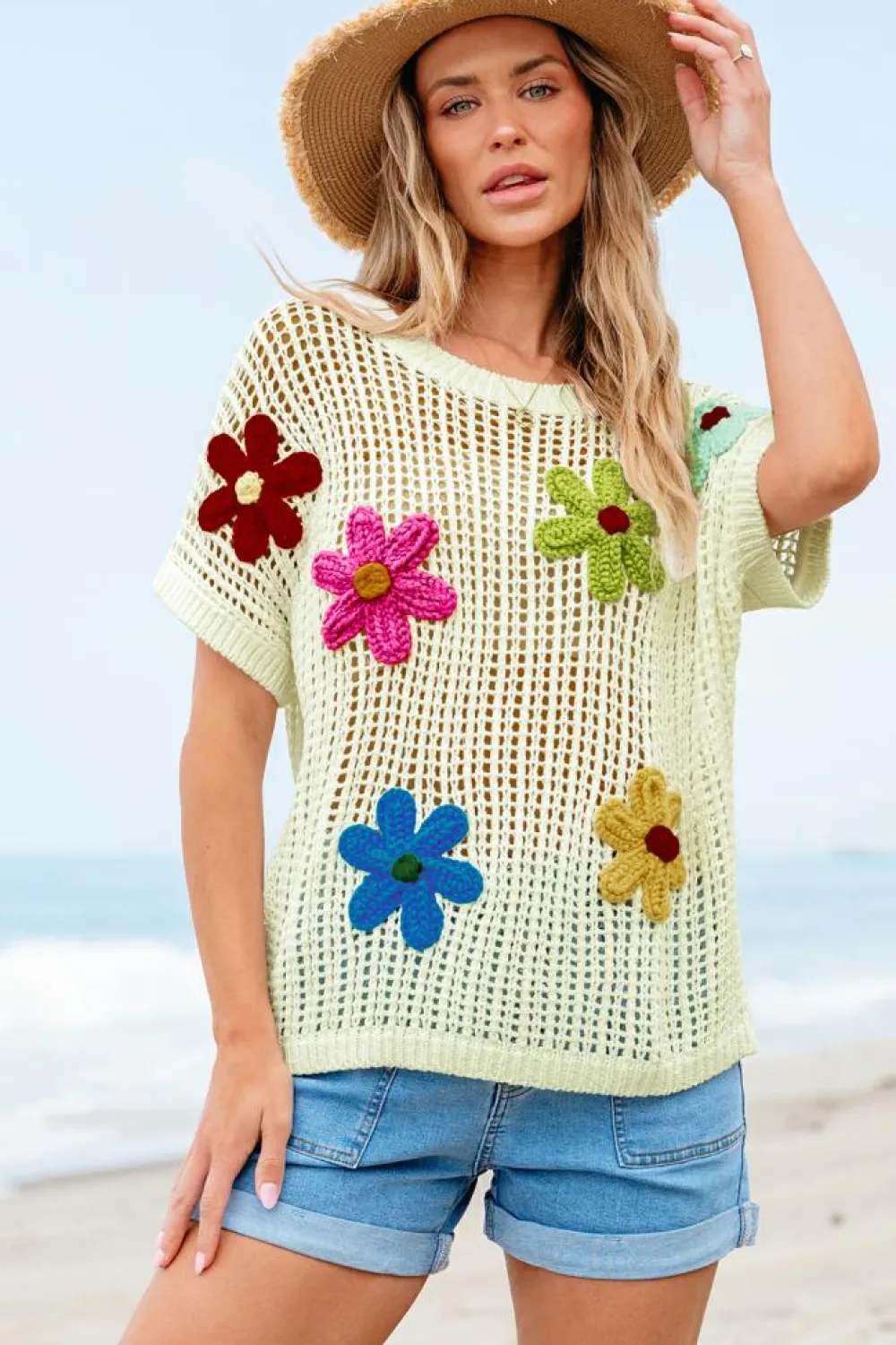 Clearance Dear-Lover Crochet Flower Hollow-out Sweater T Shirt White