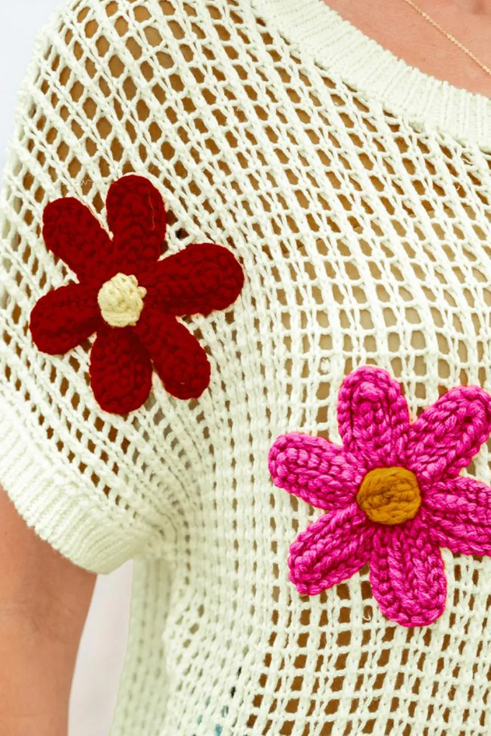 Clearance Dear-Lover Crochet Flower Hollow-out Sweater T Shirt White