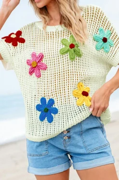 Clearance Dear-Lover Crochet Flower Hollow-out Sweater T Shirt White