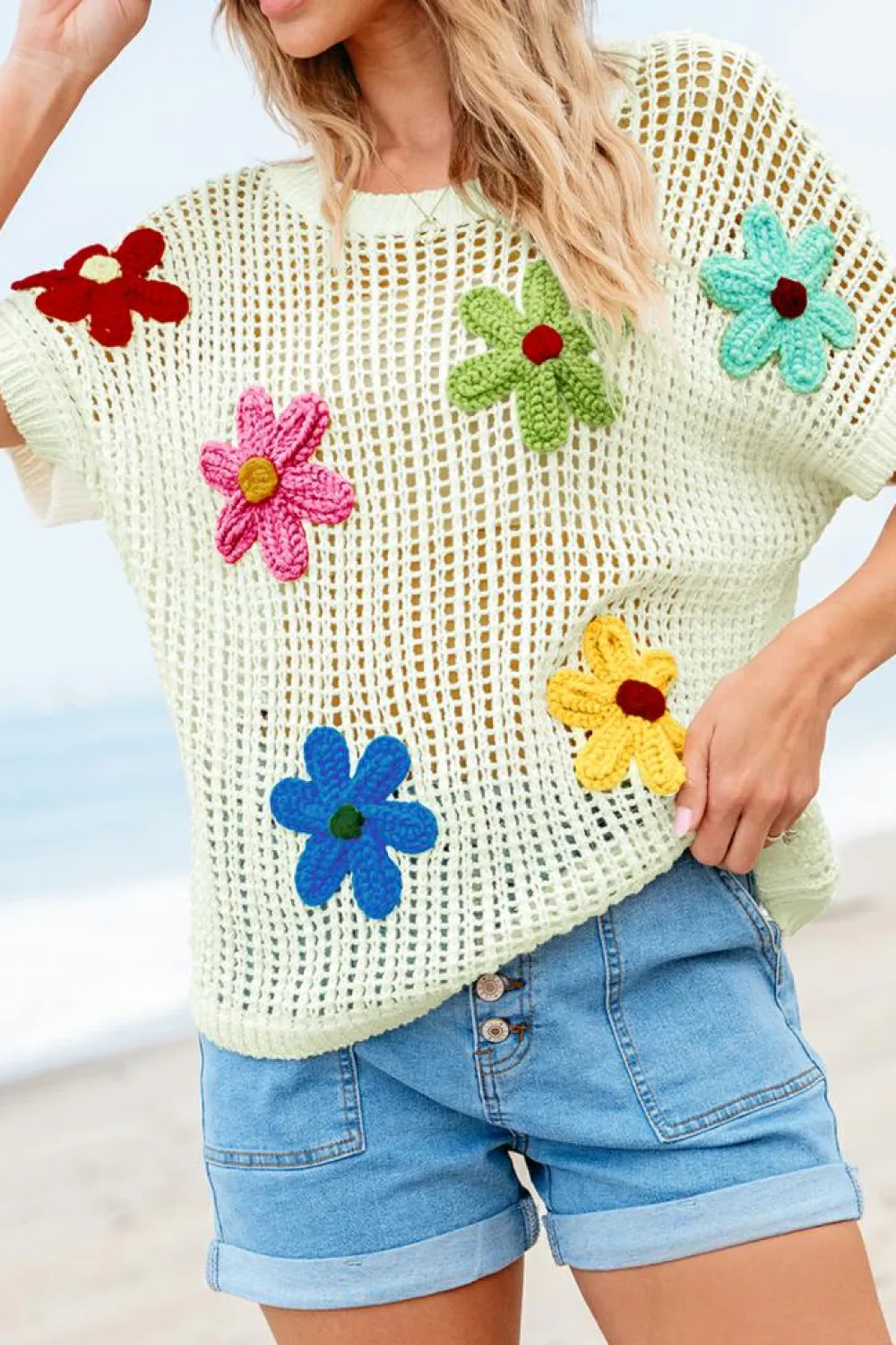 Clearance Dear-Lover Crochet Flower Hollow-out Sweater T Shirt White