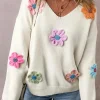 Online Dear-Lover Crochet Flower V Neck Sweater White