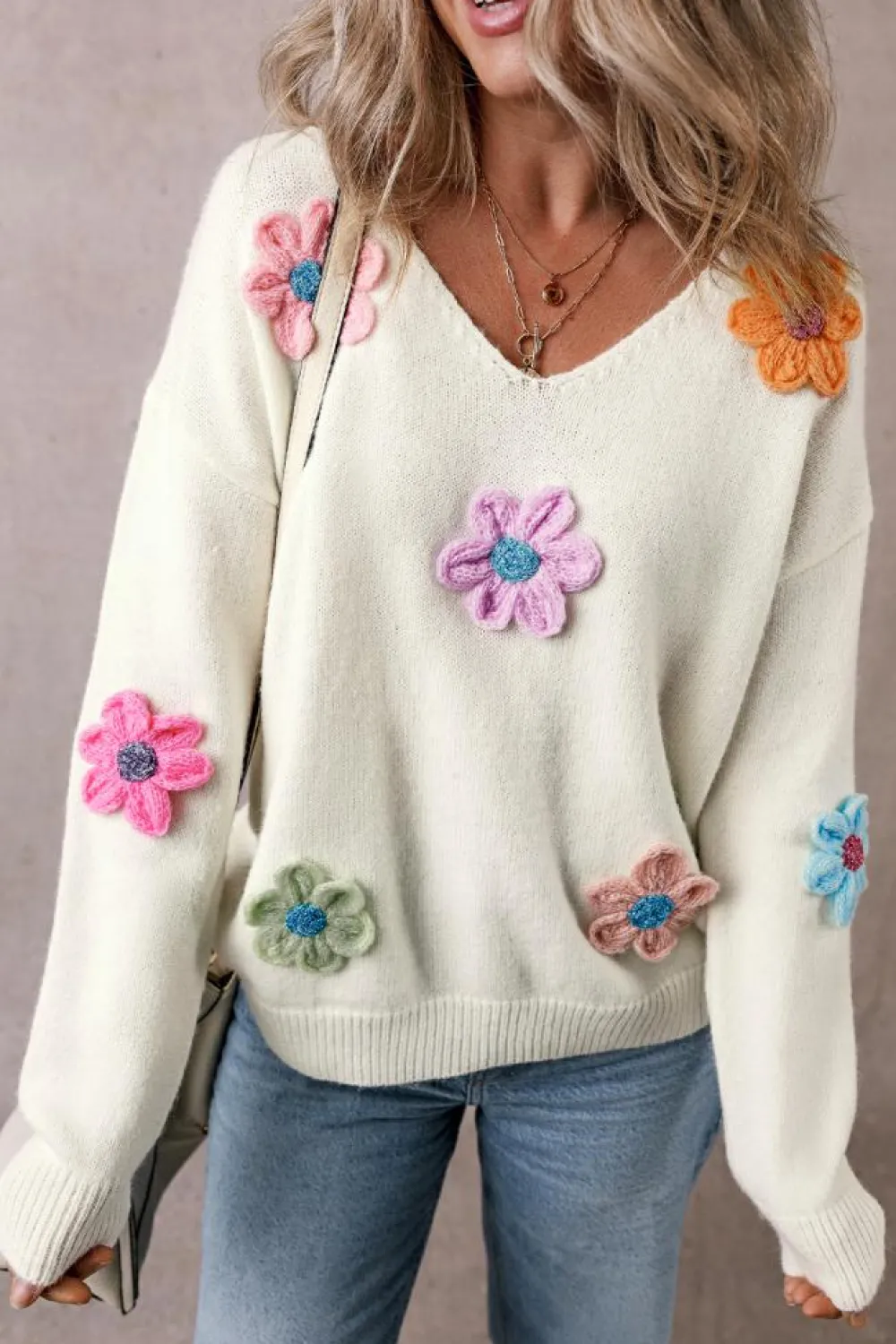 Online Dear-Lover Crochet Flower V Neck Sweater White