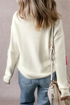 Online Dear-Lover Crochet Flower V Neck Sweater White