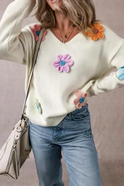 Online Dear-Lover Crochet Flower V Neck Sweater White