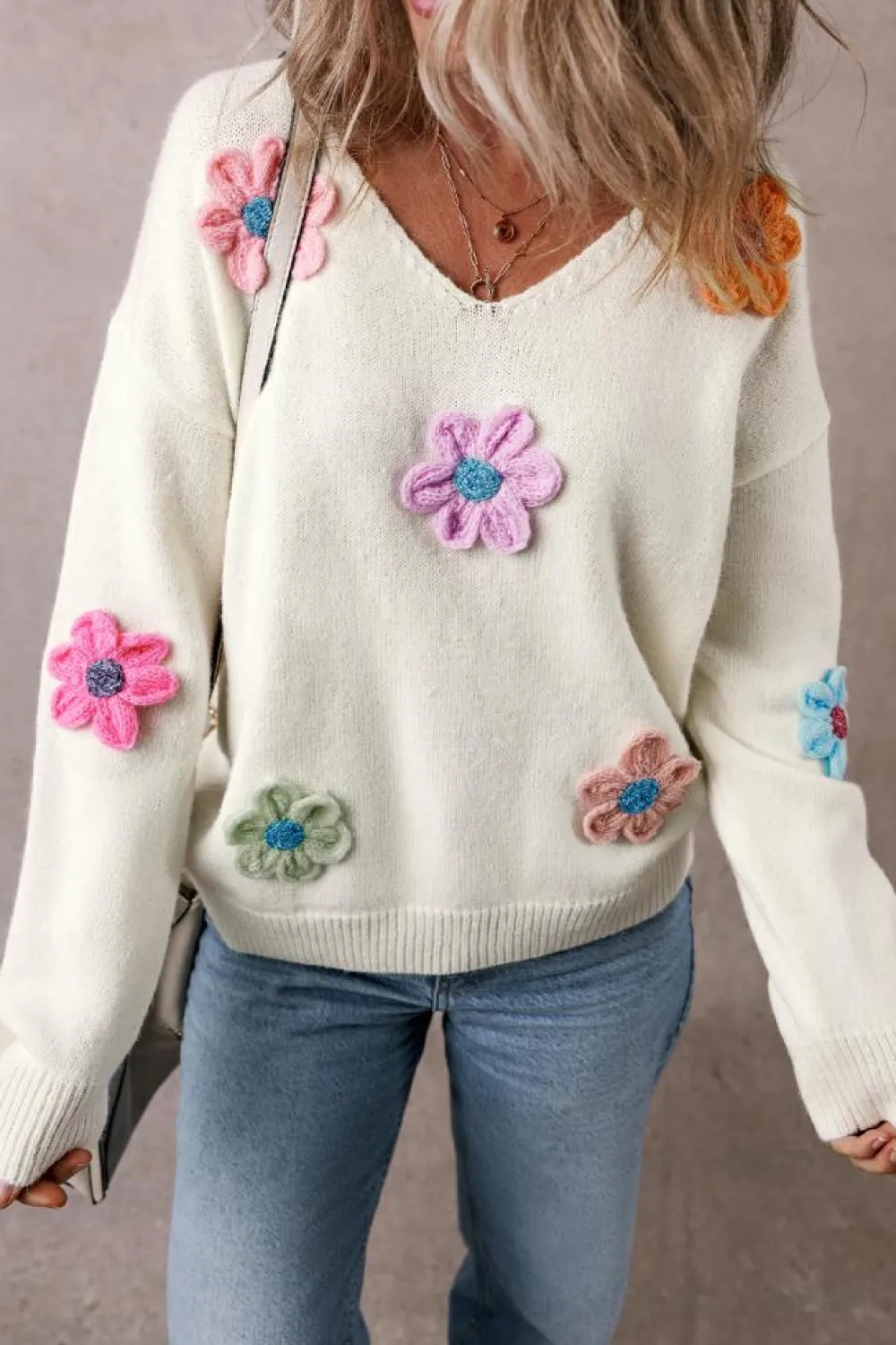 Online Dear-Lover Crochet Flower V Neck Sweater White
