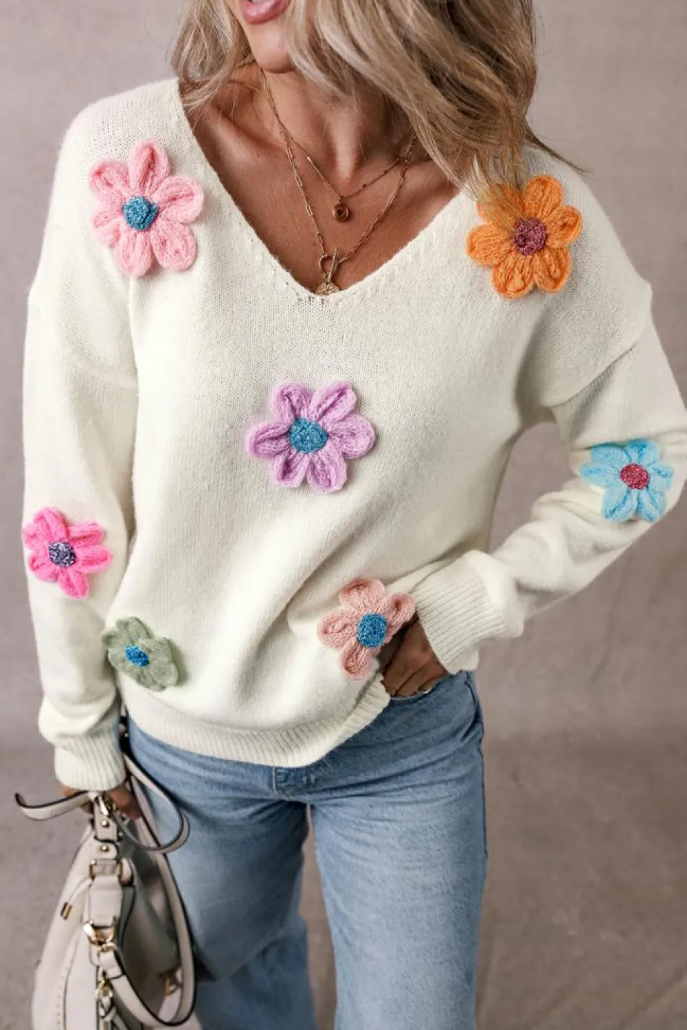 Online Dear-Lover Crochet Flower V Neck Sweater White