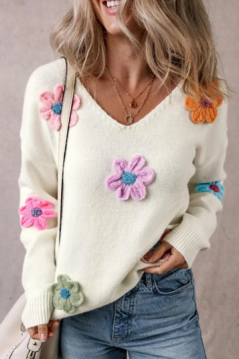 Online Dear-Lover Crochet Flower V Neck Sweater White