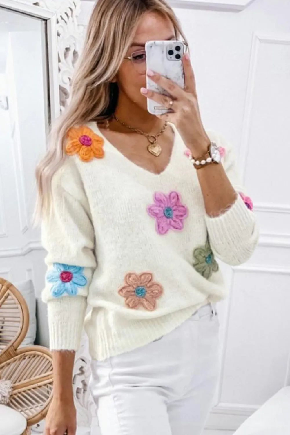 Online Dear-Lover Crochet Flower V Neck Sweater White