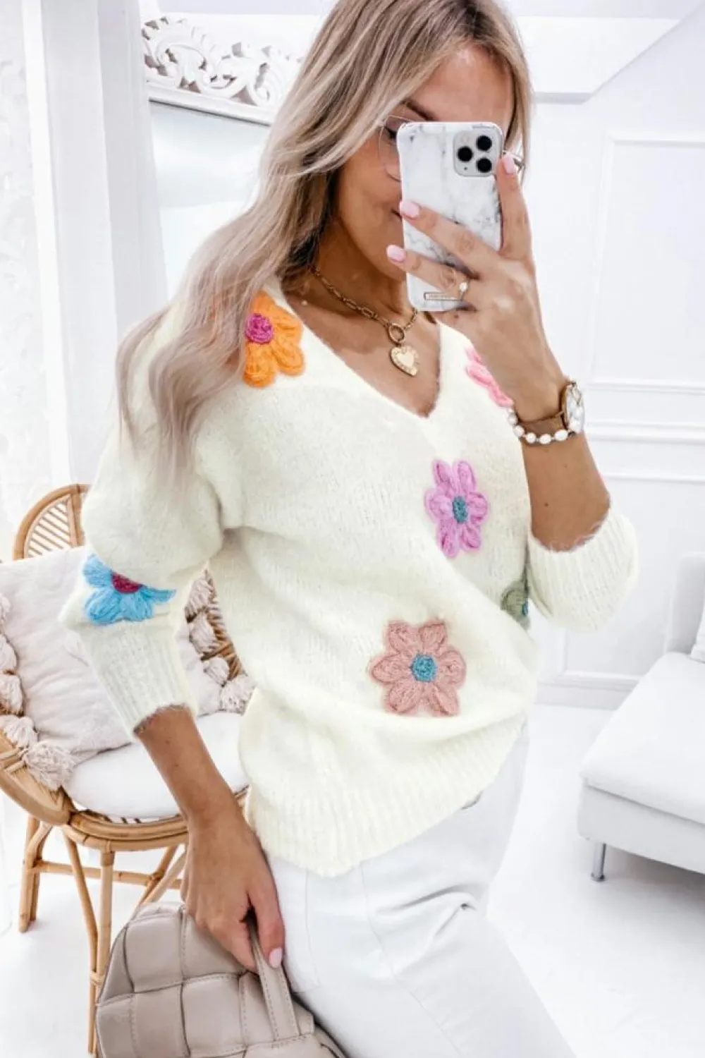 Online Dear-Lover Crochet Flower V Neck Sweater White