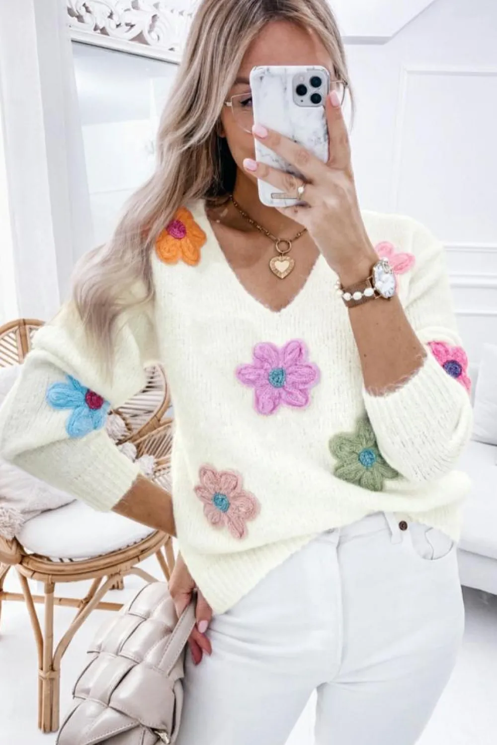 Online Dear-Lover Crochet Flower V Neck Sweater White