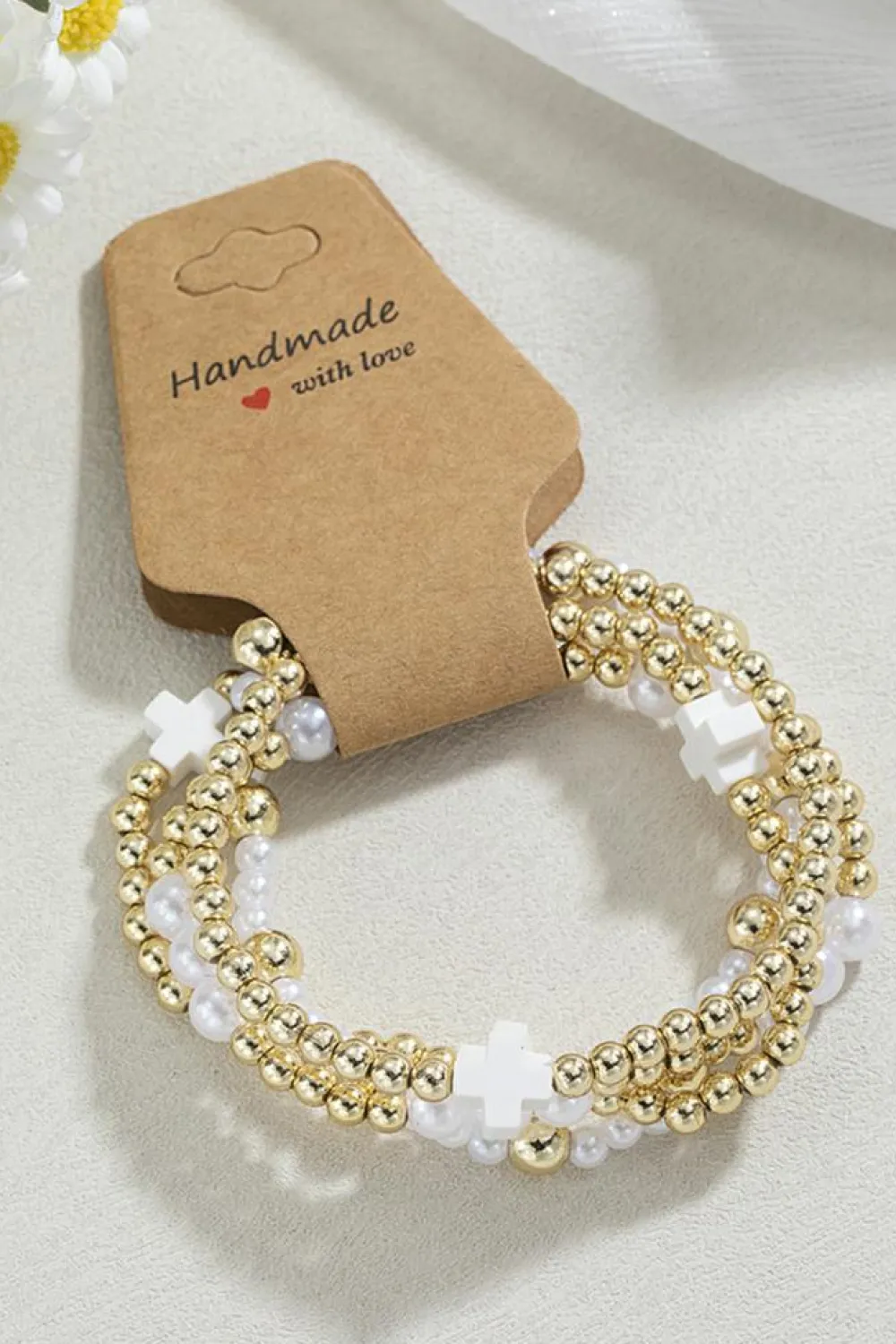 Hot Dear-Lover Cross Pearl Decor Beaded Elastic Multi Layered Bracelet White