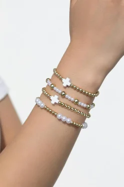 Hot Dear-Lover Cross Pearl Decor Beaded Elastic Multi Layered Bracelet White