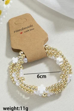 Hot Dear-Lover Cross Pearl Decor Beaded Elastic Multi Layered Bracelet White