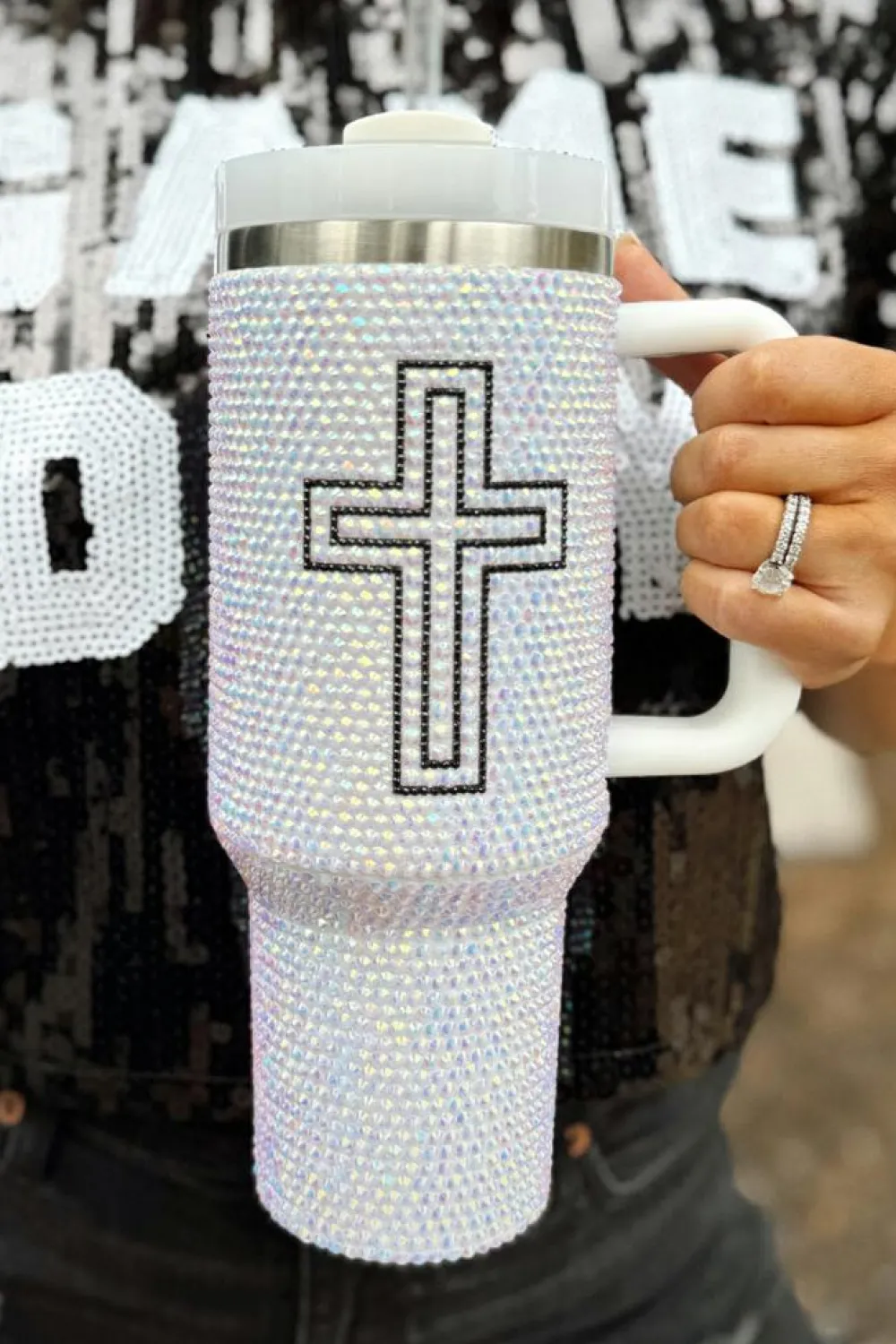 Fashion Dear-Lover Cross Rhinestone40 OZ Tumbler with Handle White