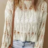 New Dear-Lover Cut Out Crochet Crew Neck Loose Fit Sweater White