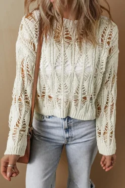 New Dear-Lover Cut Out Crochet Crew Neck Loose Fit Sweater White