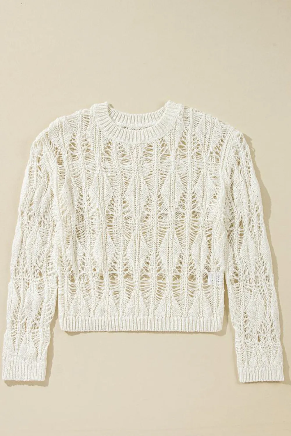 New Dear-Lover Cut Out Crochet Crew Neck Loose Fit Sweater White