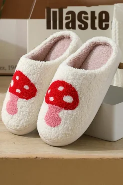 Online Dear-Lover Cute Cartoon Mushroom Graphic Fuzzy Winter Slippers White