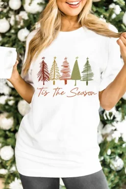New Dear-Lover Cute Christmas Trees Print Crew Neck T Shirt White