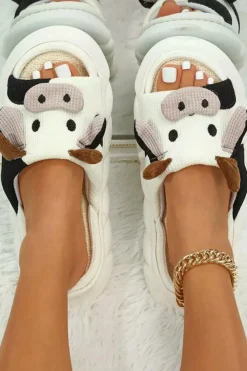 Discount Dear-Lover Cute Cow Pattern Open Toe Slippers White