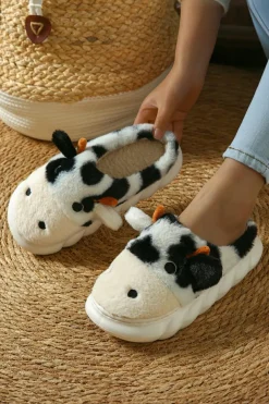 Online Dear-Lover Cute Cow Thick Sole Plush Thermal Home Slippers White