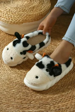 Online Dear-Lover Cute Cow Thick Sole Plush Thermal Home Slippers White