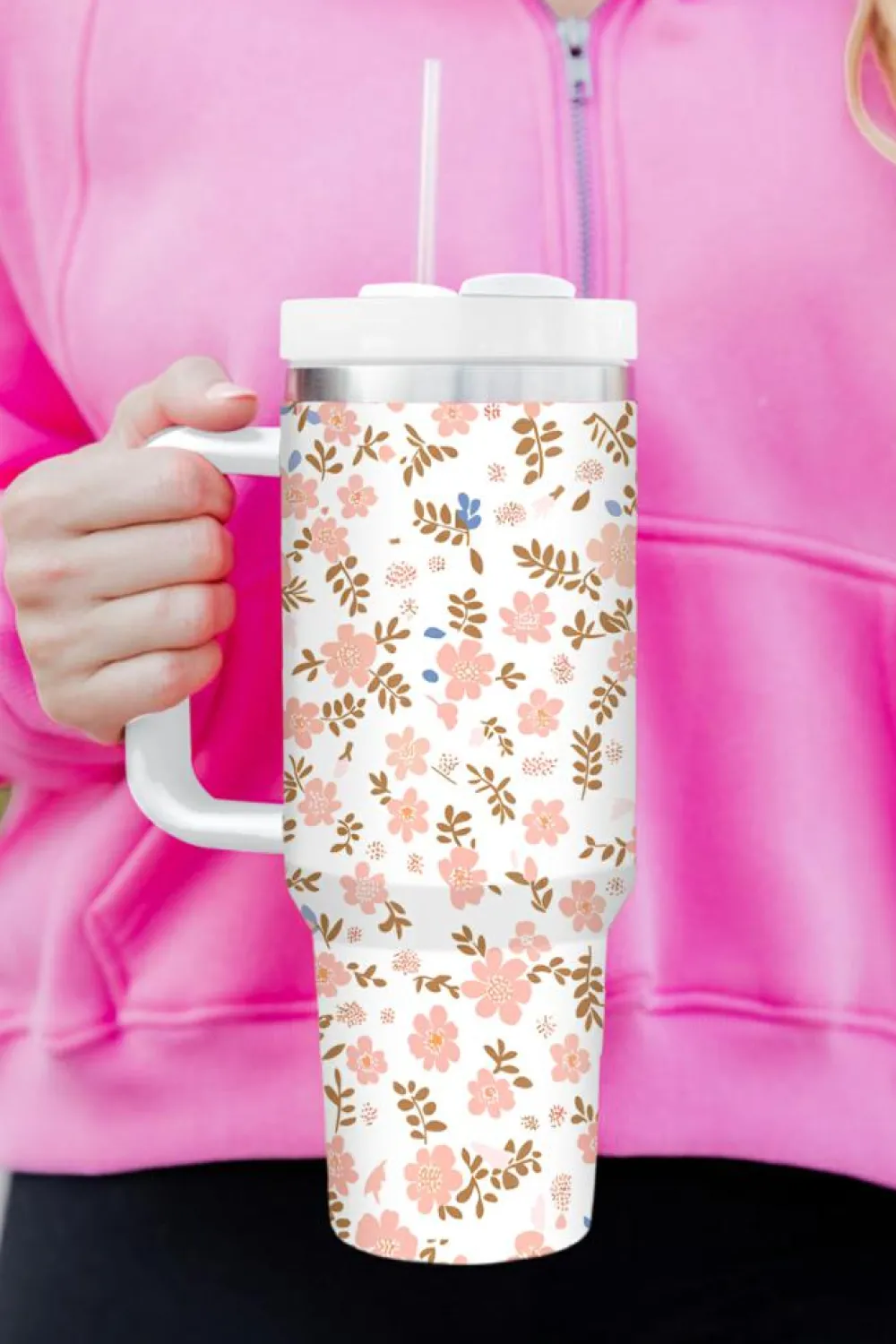 Sale Dear-Lover Cute Flower Print Large Stainless Steel Tumbler 40oz White