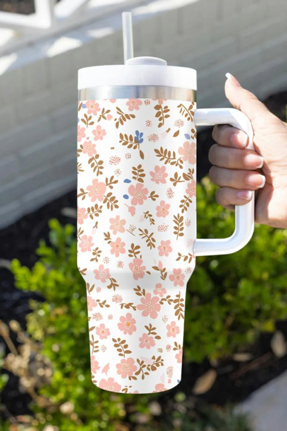 Sale Dear-Lover Cute Flower Print Large Stainless Steel Tumbler 40oz White