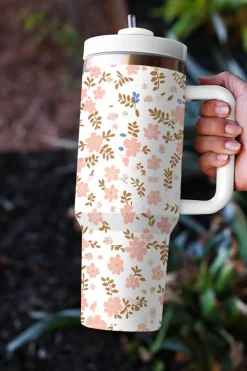 Sale Dear-Lover Cute Flower Print Large Stainless Steel Tumbler 40oz White