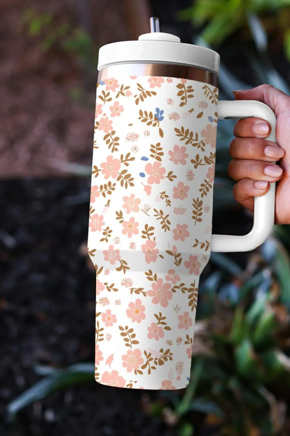 Sale Dear-Lover Cute Flower Print Large Stainless Steel Tumbler 40oz White