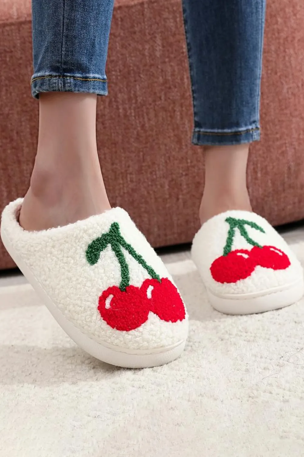 Clearance Dear-Lover Cute Fruit Cherry Pattern Winter Plush Slippers White