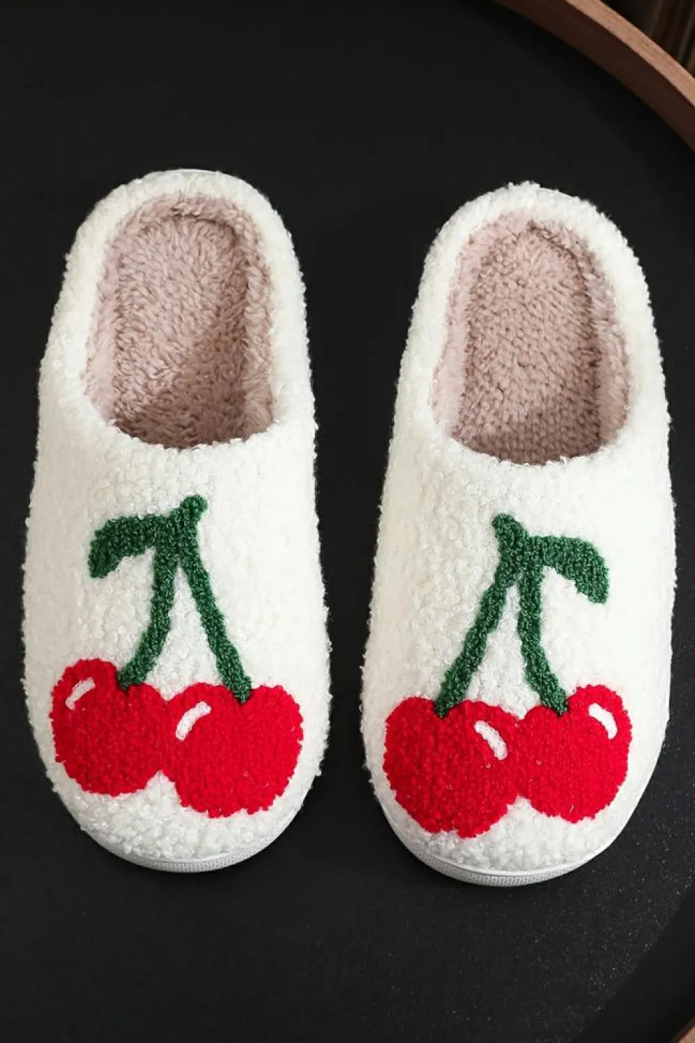 Clearance Dear-Lover Cute Fruit Cherry Pattern Winter Plush Slippers White