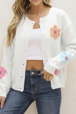 Hot Dear-Lover Cute Knitted Floral Pattern Button Up Cardigan White