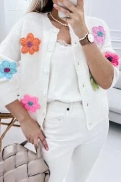 Hot Dear-Lover Cute Knitted Floral Pattern Button Up Cardigan White