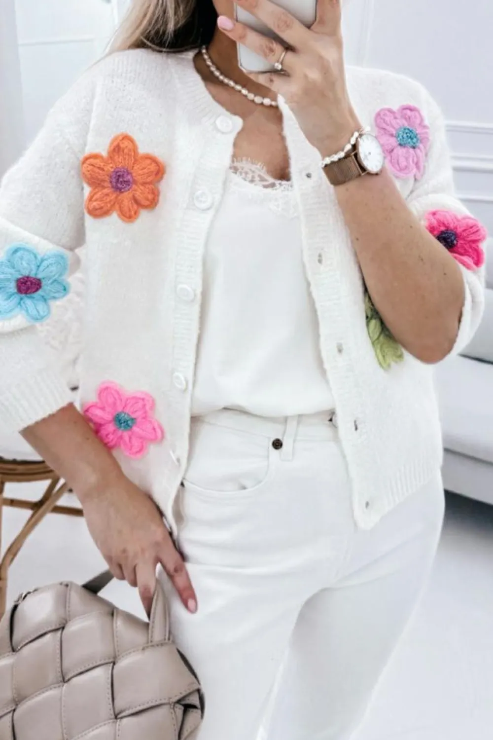 Hot Dear-Lover Cute Knitted Floral Pattern Button Up Cardigan White