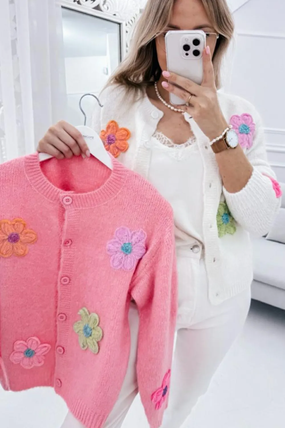 Hot Dear-Lover Cute Knitted Floral Pattern Button Up Cardigan White