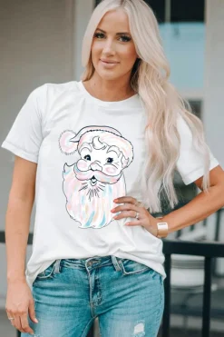 Discount Dear-Lover Cute Santa Claus Graphic Casual Tee White