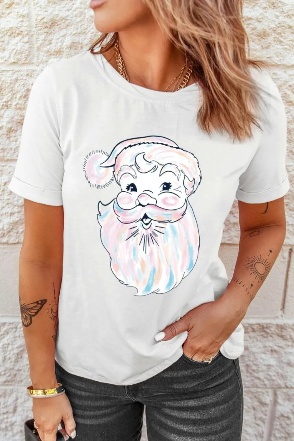 Discount Dear-Lover Cute Santa Claus Graphic Casual Tee White