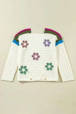 Sale Dear-Lover Daisy Flower Pointelle Knit Sweater White