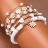 Fashion Dear-Lover Daisy Heart Pearl Beaded Multi Layer Bracelet Set White