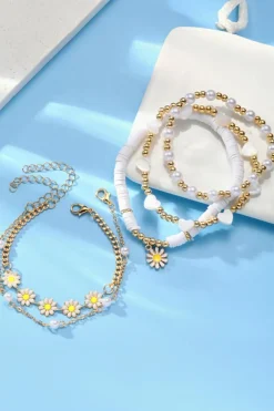 Fashion Dear-Lover Daisy Heart Pearl Beaded Multi Layer Bracelet Set White