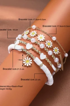 Fashion Dear-Lover Daisy Heart Pearl Beaded Multi Layer Bracelet Set White