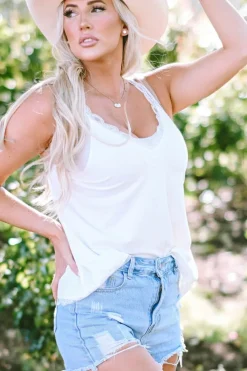 Discount Dear-Lover Delicate Lace Trim Flared Tank Top White